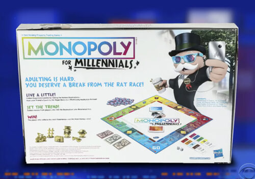 photo of the back of the monopoly for millennials board game box