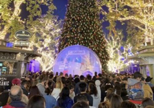 photo of the kid kraft life size snow globe at the Annual Tree Lighting Celebration at Christmas at The Grove in Los Angeles